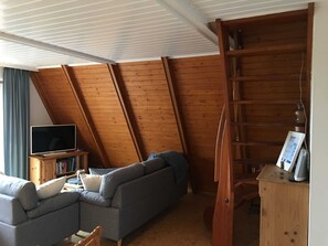 Ein Loft-Zimmer mit schräg verlaufender Decke, einem grauen Ecksofa, einem Fernseher auf einem Holzboden und einer Wandleiter.