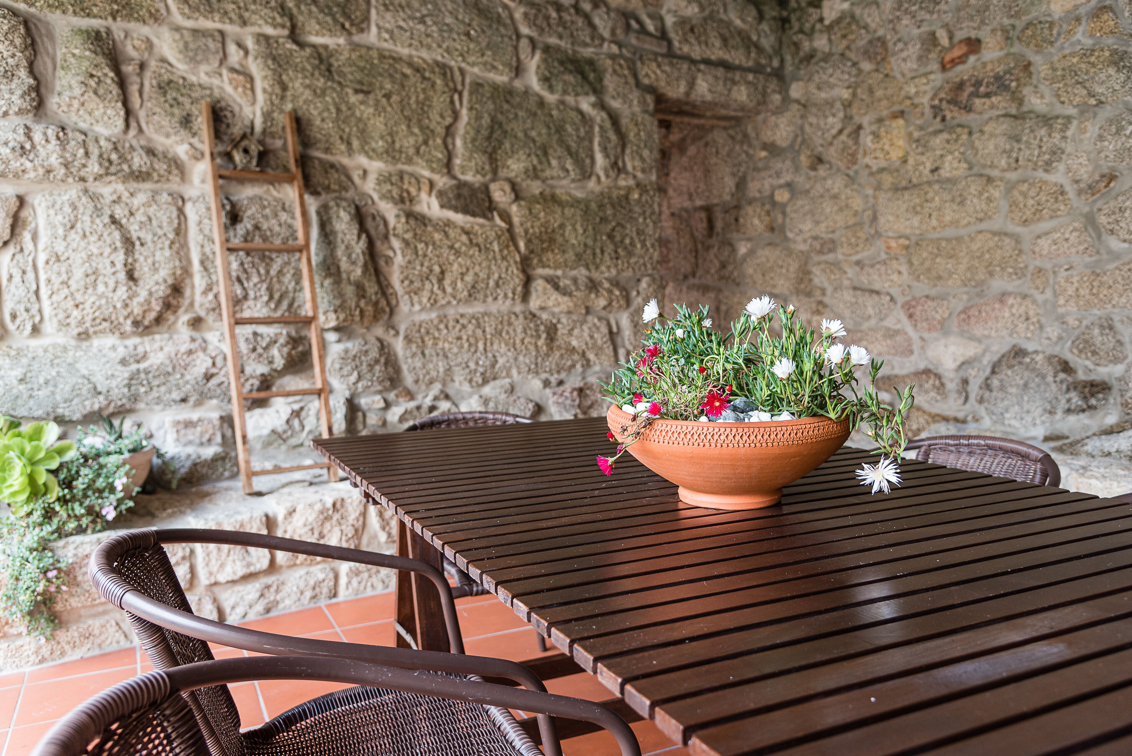 Una mesa de madera con una maceta de terracota con flores, sillas de mimbre y un muro de piedra de fondo.