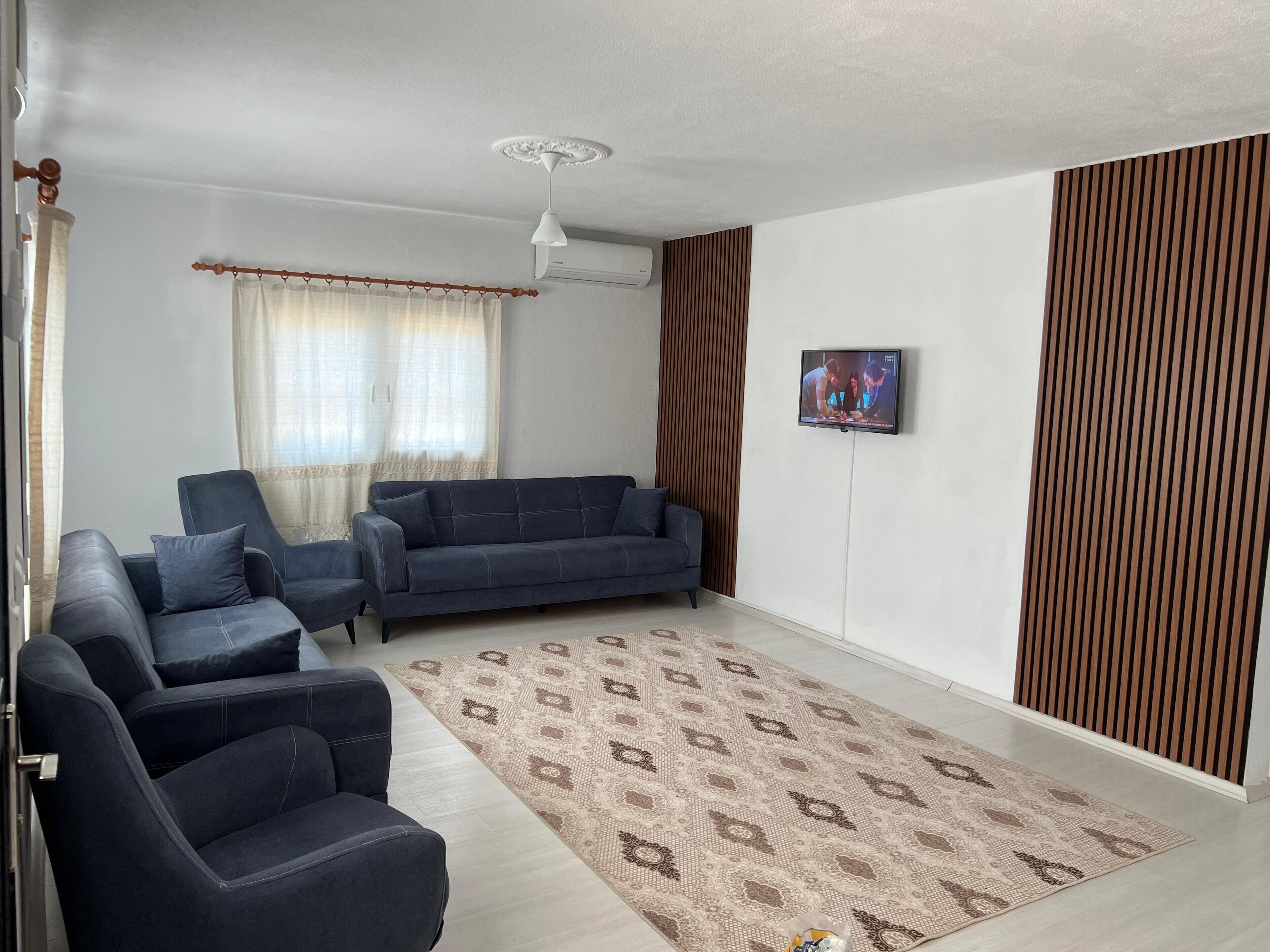Una sala moderna con un sofá azul, un sillón a juego y una alfombra estampada.