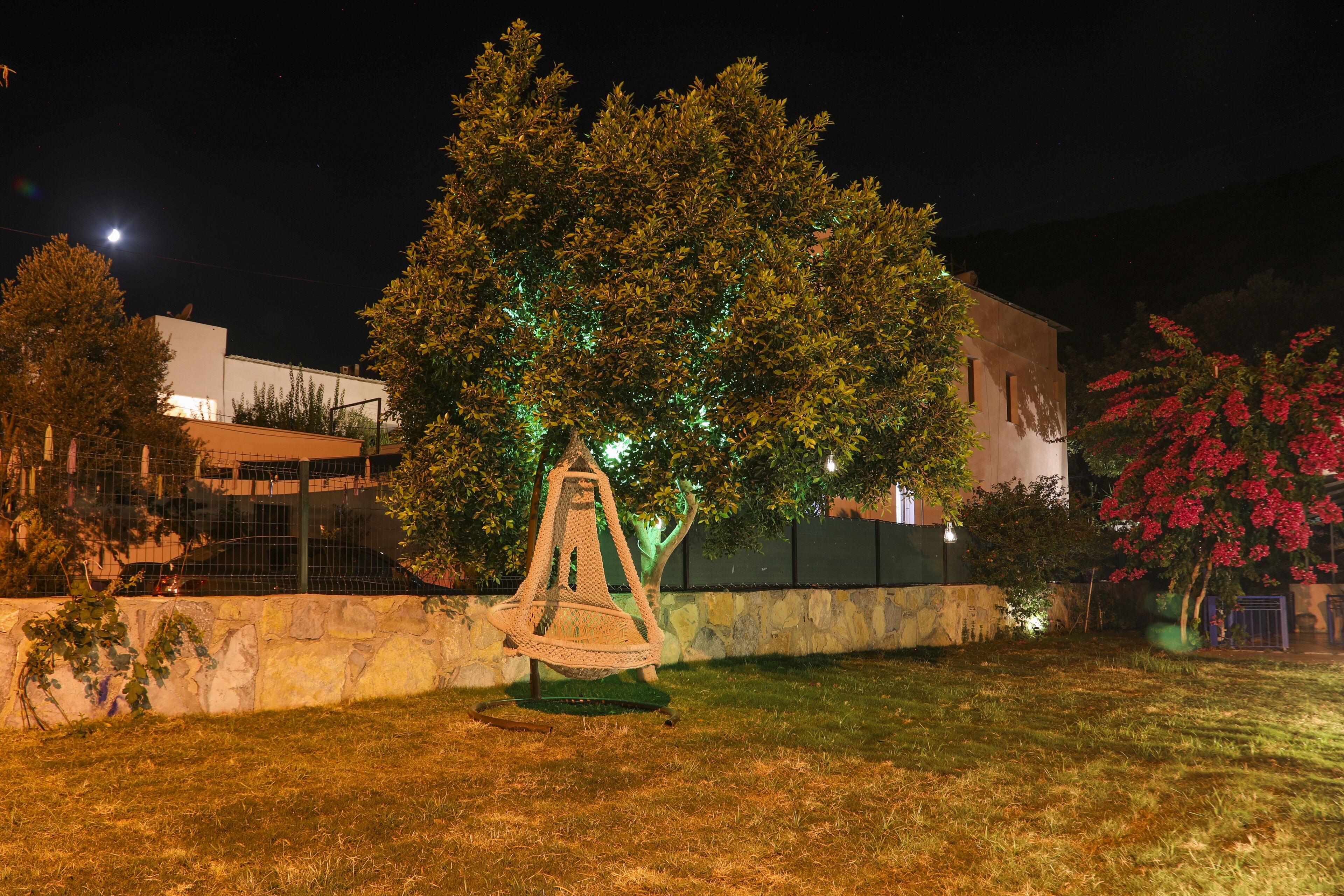 Un espacio exterior nocturno con un columpio, un árbol con luces verdes y un edificio al fondo.