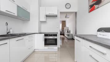 Een koelkast, een oven, een kookplaat, een vaatwasser