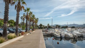 Un port de plaisance avec des bateaux amarrés, une promenade en béton et des palmiers bordant le chemin.
