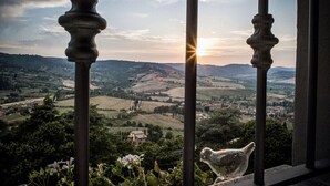 Une vue magnifique depuis un balcon orné de balustrades, donnant sur une vallée où s’étendent des vignobles et où serpente une rivière.