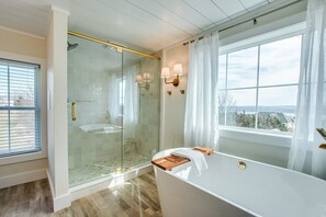Bathtub, hair dryer, towels, toilet paper