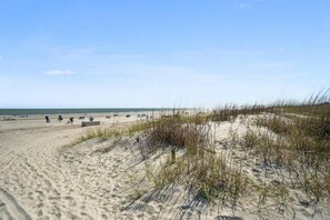 A beach with sand dunes and people in the distance.
