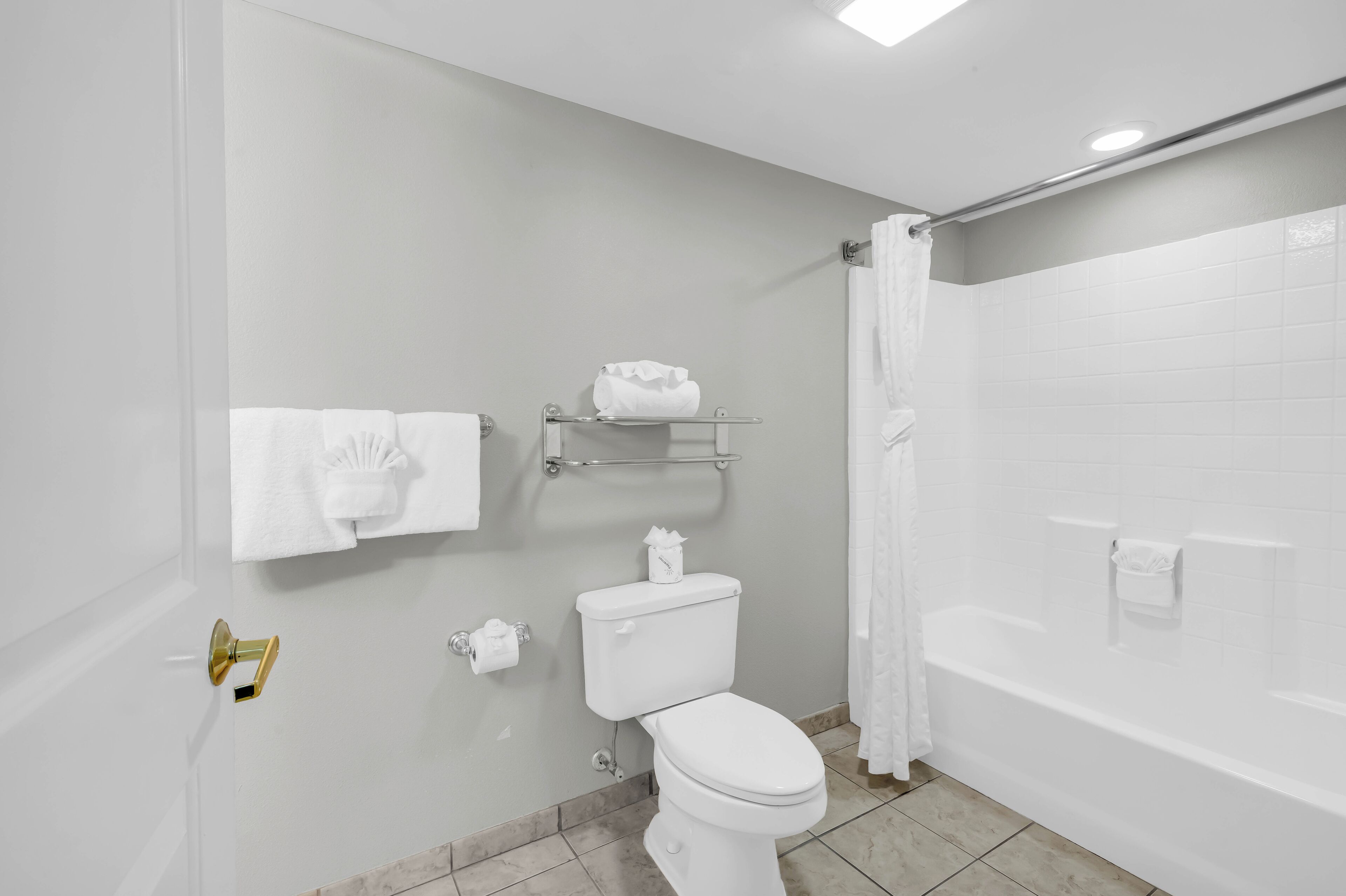 Une salle de bain équipée de toilettes, d’une baignoire et d’un rideau de douche.