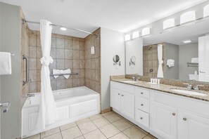 Family Condo, 2 Bedrooms, Balcony, Beachfront | Bathroom | Combined shower/bathtub, free toiletries, hair dryer, towels - Dunes Village Resort by Hosteeva (Myrtle Beach)