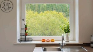 Eine Küche mit Fenster, Spüle und einer Pflanze auf der Fensterbank.
