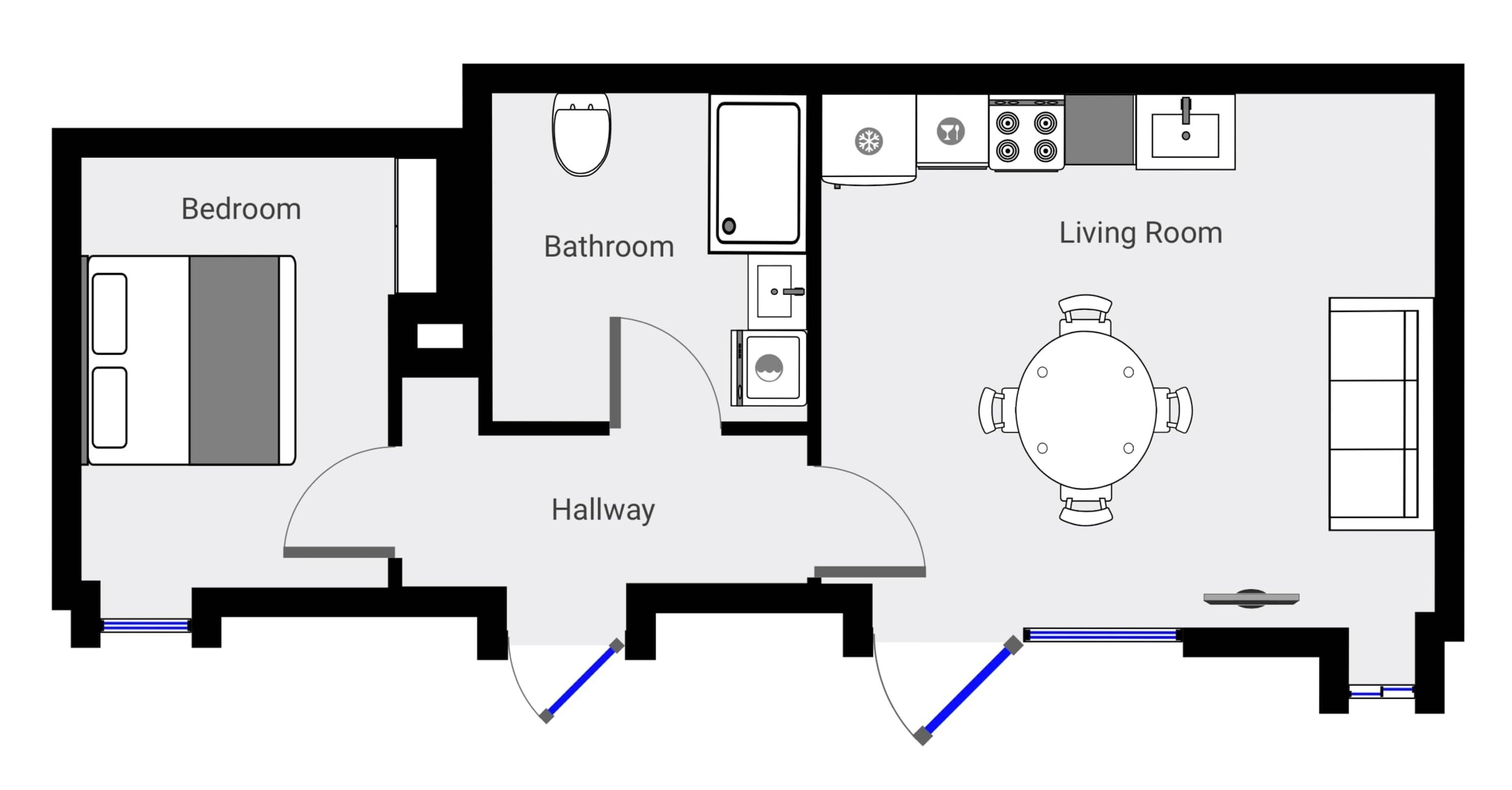 A floor plan of a house with a bedroom, bathroom, living room, and a hallway.