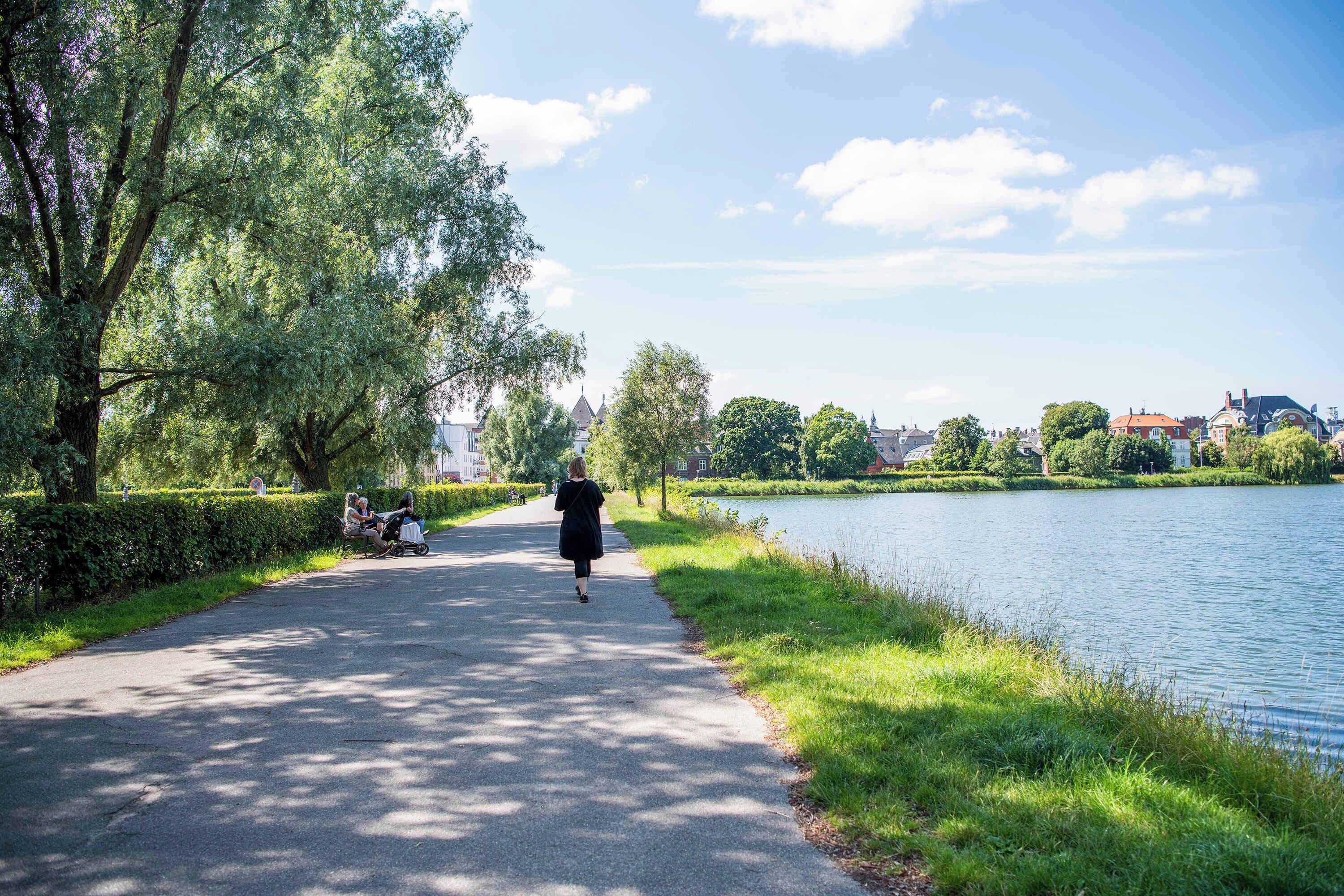 A paved path alongside a body of water with trees and buildings in the background.