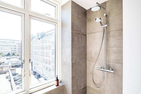 Shower, hair dryer, towels