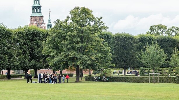 A park with a large tree, a building with a tower, and people gathered around. - Kings square Cityview kitchenette by Daniel&Jacob's (København)