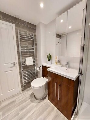 Shower, hair dryer, towels