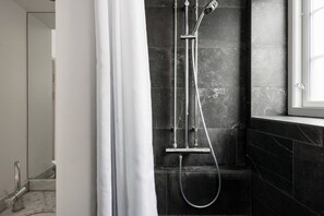 Shower, hair dryer, towels