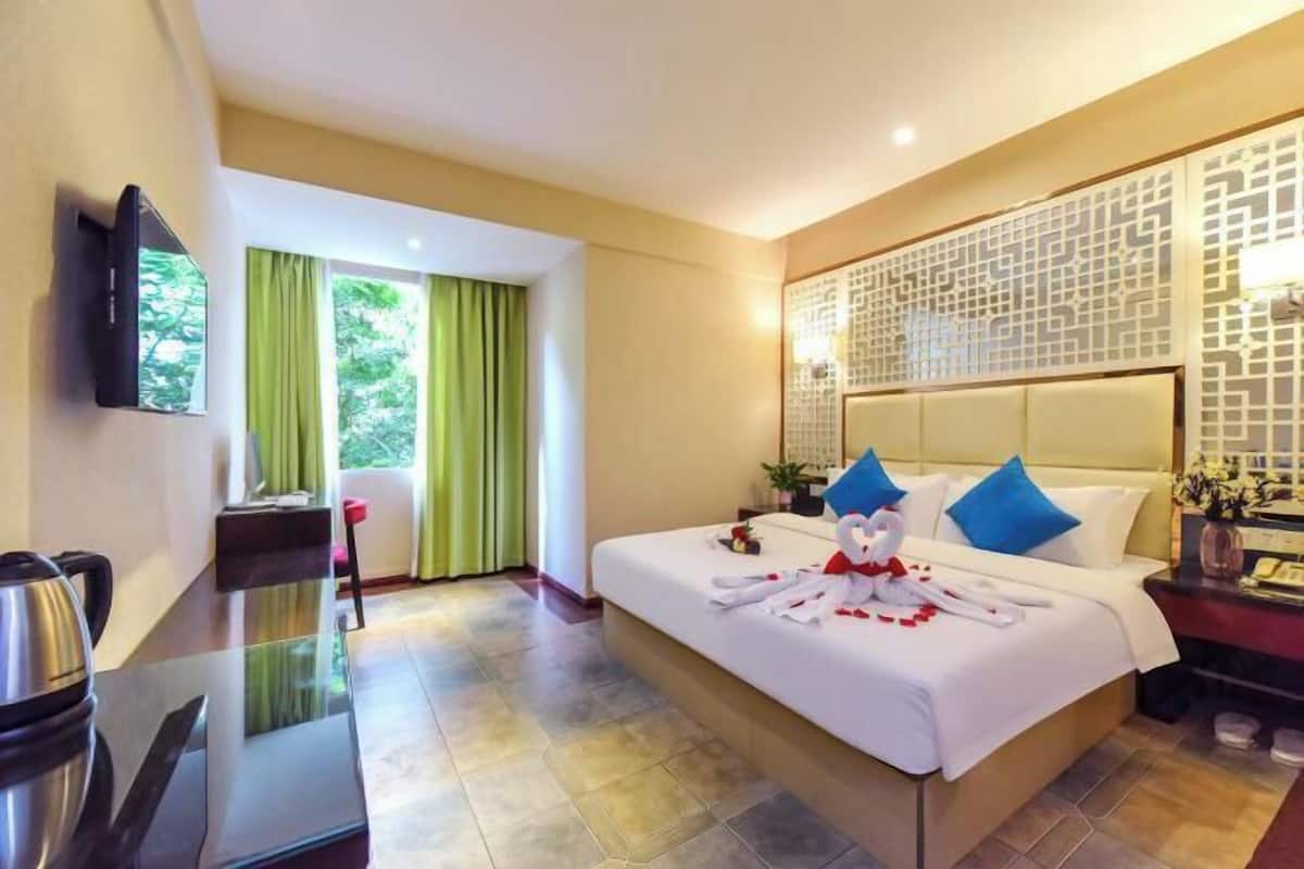 A hotel room with a bed, a desk, a TV, and a view of greenery.