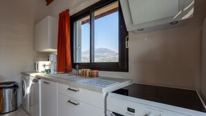 A compact kitchen with a built-in oven, a microwave, and a sink. - Le Bleuet du Lac - Appartement avec Terrasse Vue Lac (Savines-le-Lac)