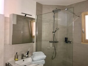 Tina con regadera, secadora de cabello, toallas, papel de baño 
