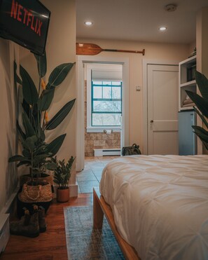 A bedroom with a bed, a television displaying the Netflix logo, a wooden paddle, and potted plants. - Willow Pond Motel (Catskill)