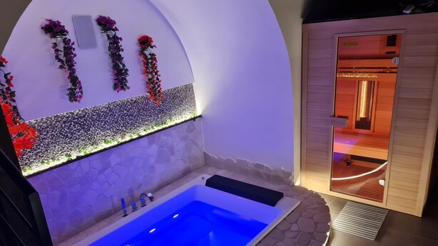 Un área de spa con un jacuzzi iluminado en azul, plantas decorativas y una sauna de madera.