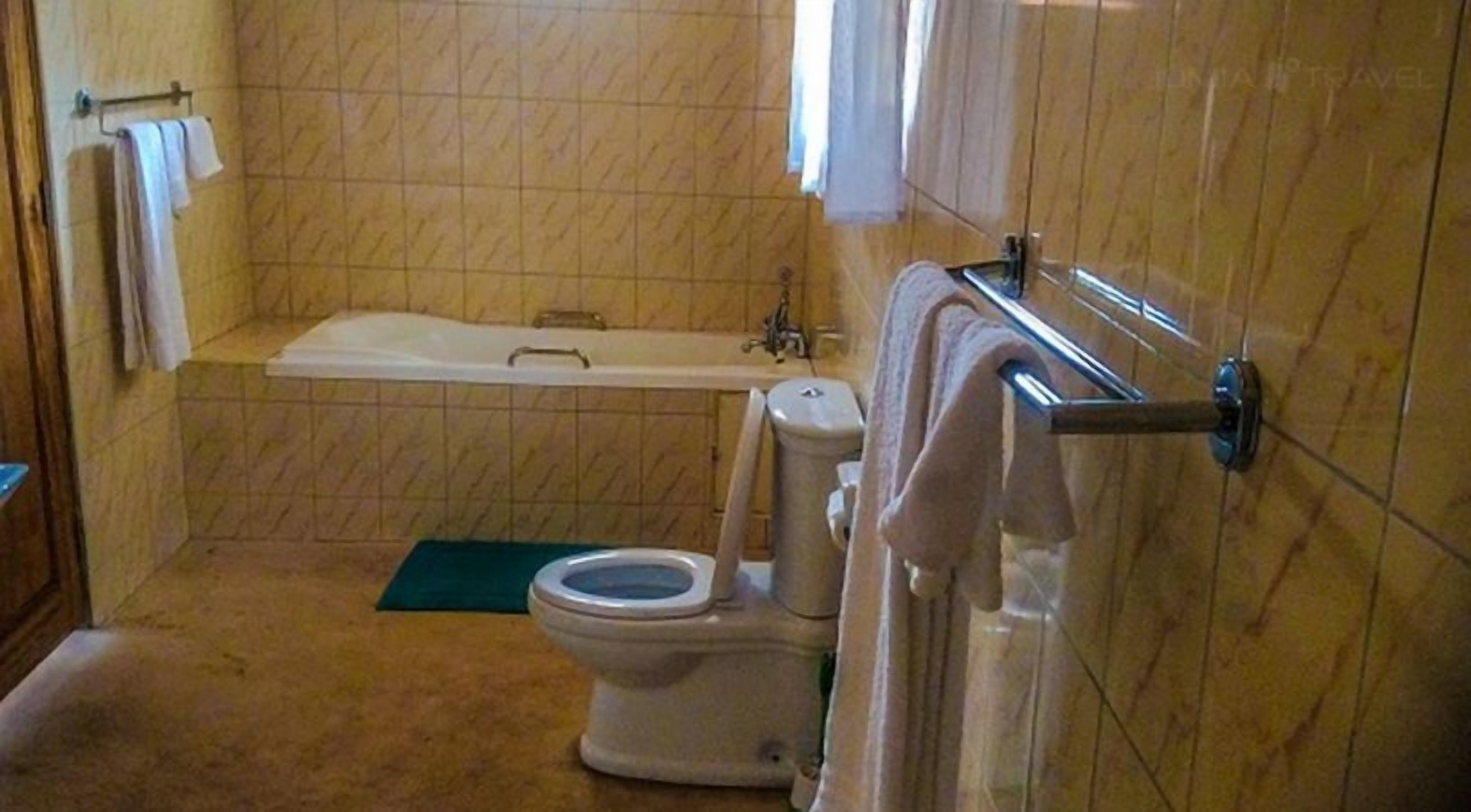 A bathroom with a bathtub, toilet, and a green mat on the floor.