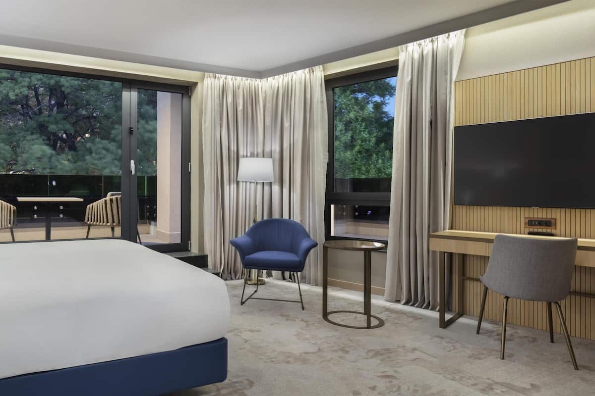 A hotel room with a large bed, a desk, a chair, a TV, and a balcony with a view of trees.