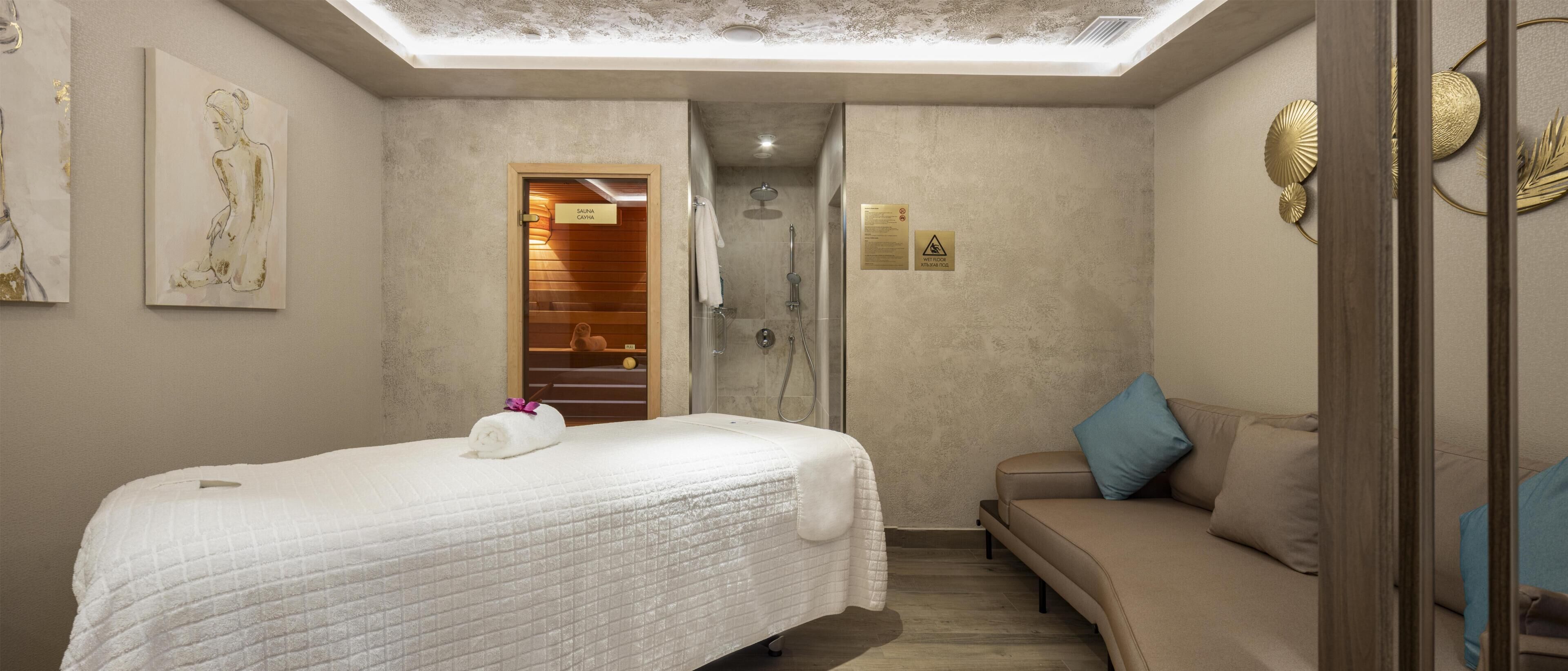 A hotel room with a bed, a sofa, a shower, and a skylight.