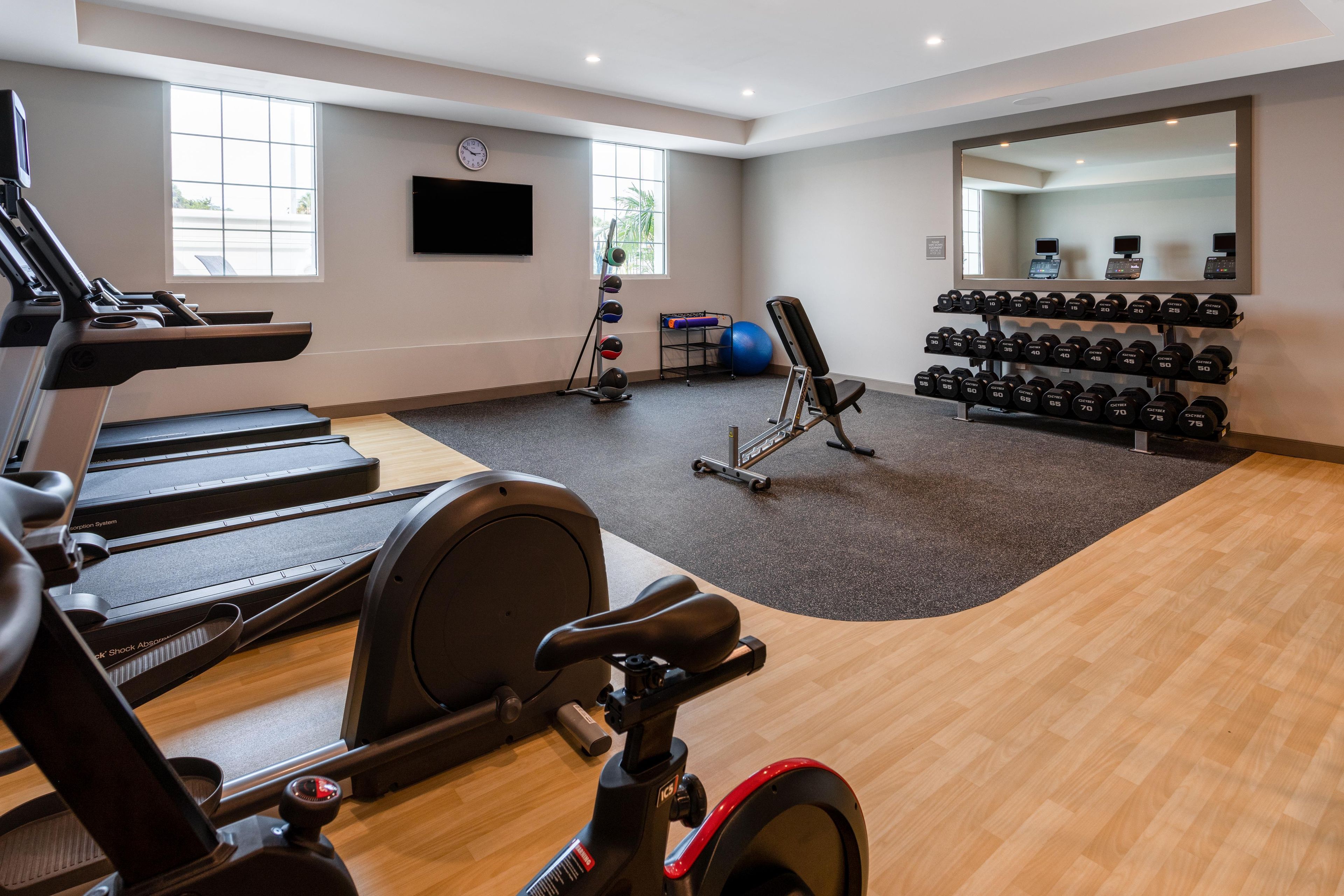 Un gimnasio con cintas de correr, elíptica, bicicleta estática, pesas libres y pelotas de ejercicio.