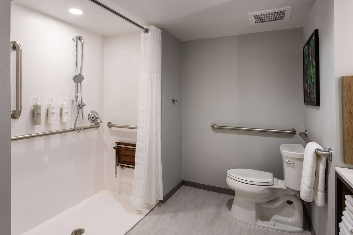A modern bathroom with a walk-in shower, grab bars, a toilet with a towel rack, and a mounted picture.