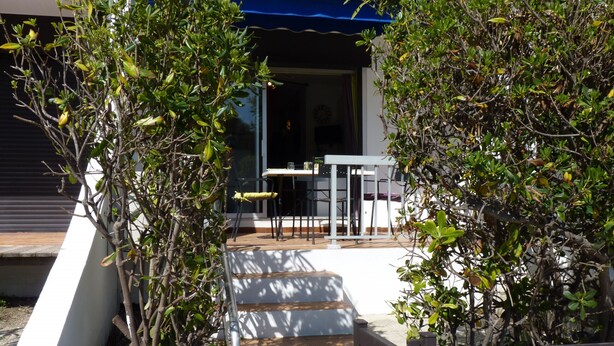 A patio area with a table and chairs, surrounded by greenery and a wooden fence.