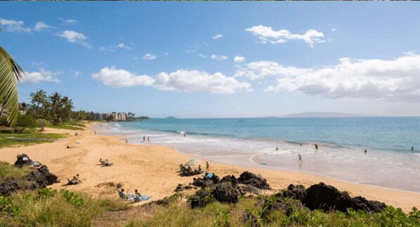 Una playa cerca, sillas reclinables de playa, toallas de playa