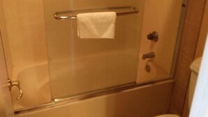 A glass-enclosed shower stall with a towel rack, a toilet, and a showerhead.