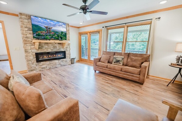 TV, fireplace, video games, foosball