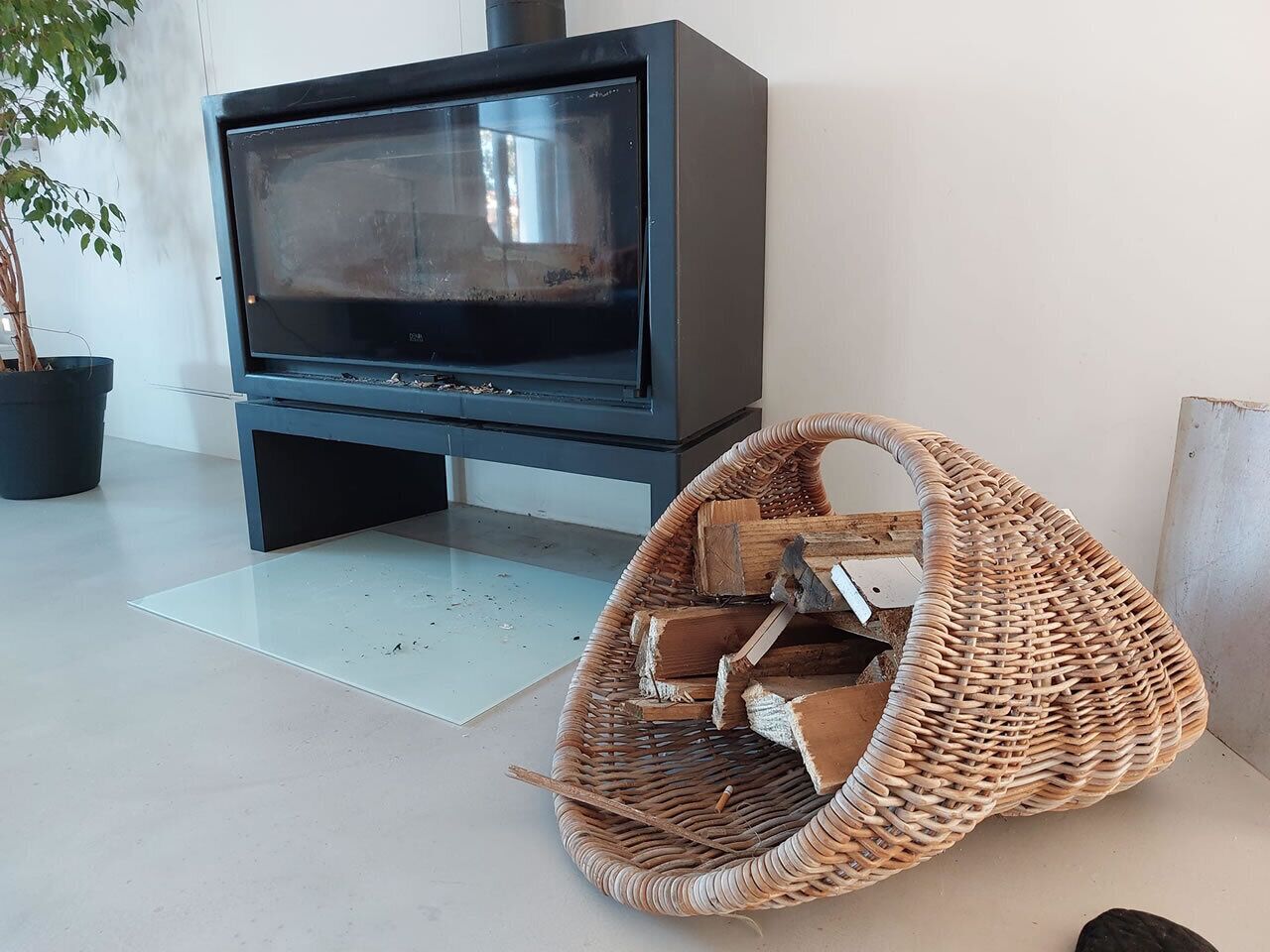 Una sala de estar con un mueble de televisión negro, un sillón de mimbre con leña y una planta en maceta.