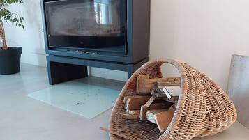 Un salon avec un meuble TV noir, un fauteuil en osier agrémenté de bûches et une plante en pot.