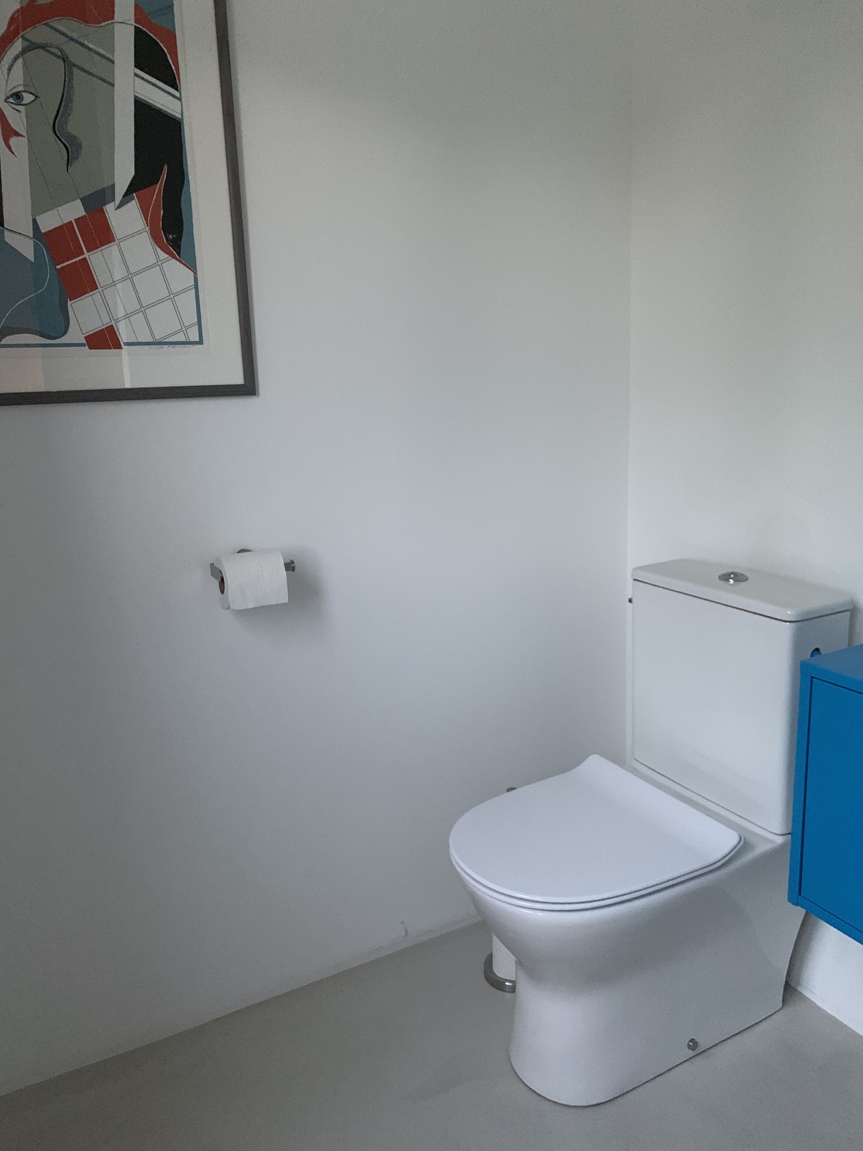 A white toilet with a blue cabinet to the right.