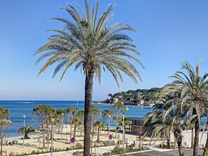 A coastal promenade with palm trees, a clear blue sky, and a view of the sea.
