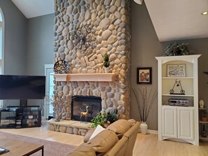 Smart TV, fireplace, DVD player, books