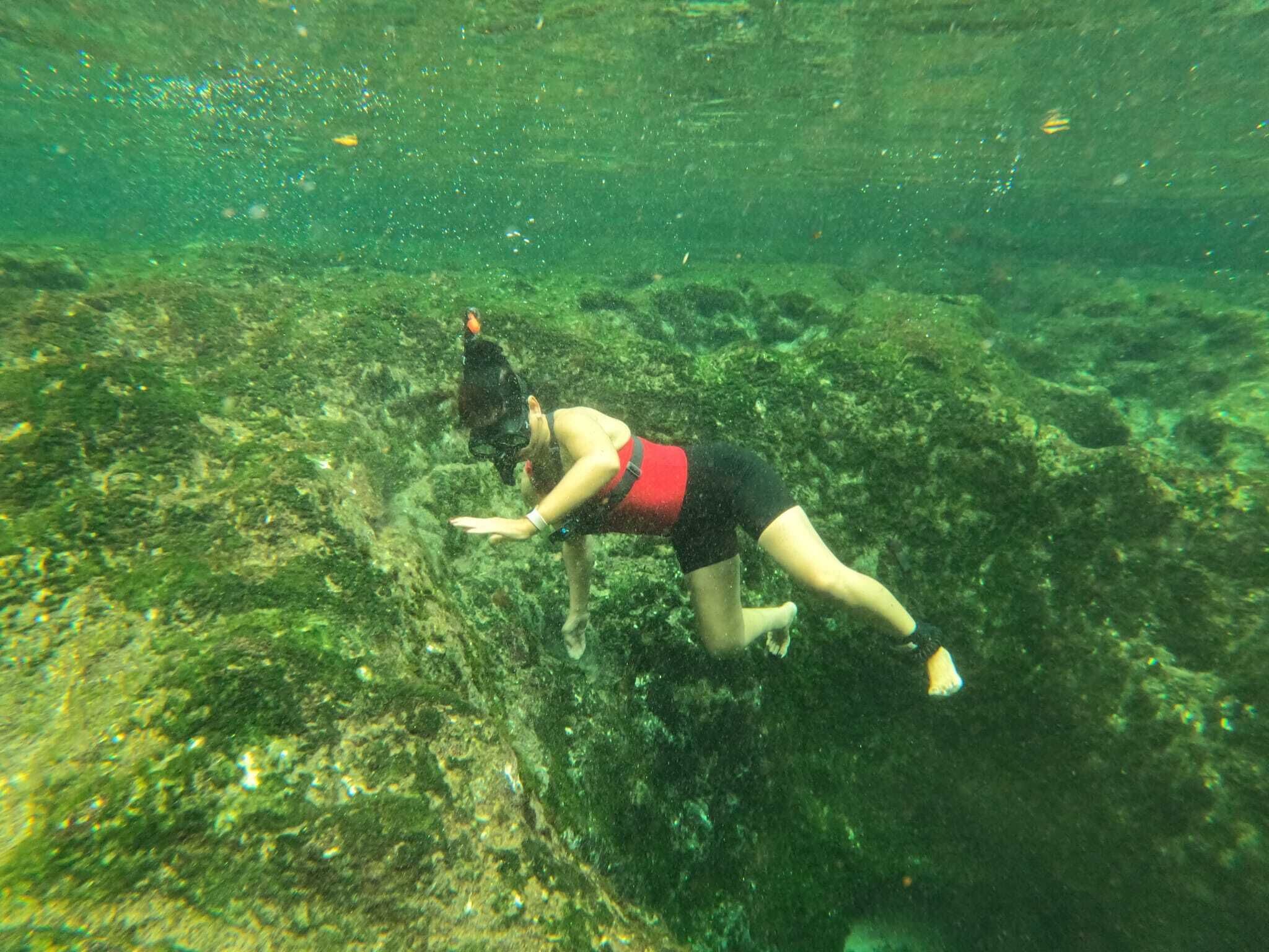 Iemand onder water, gekleed in een rode reddingsvest en zwarte zwemshort, verkent een rotsachtig onderwaterlandschap.