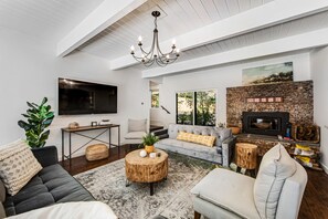 Televisión, chimenea, libros