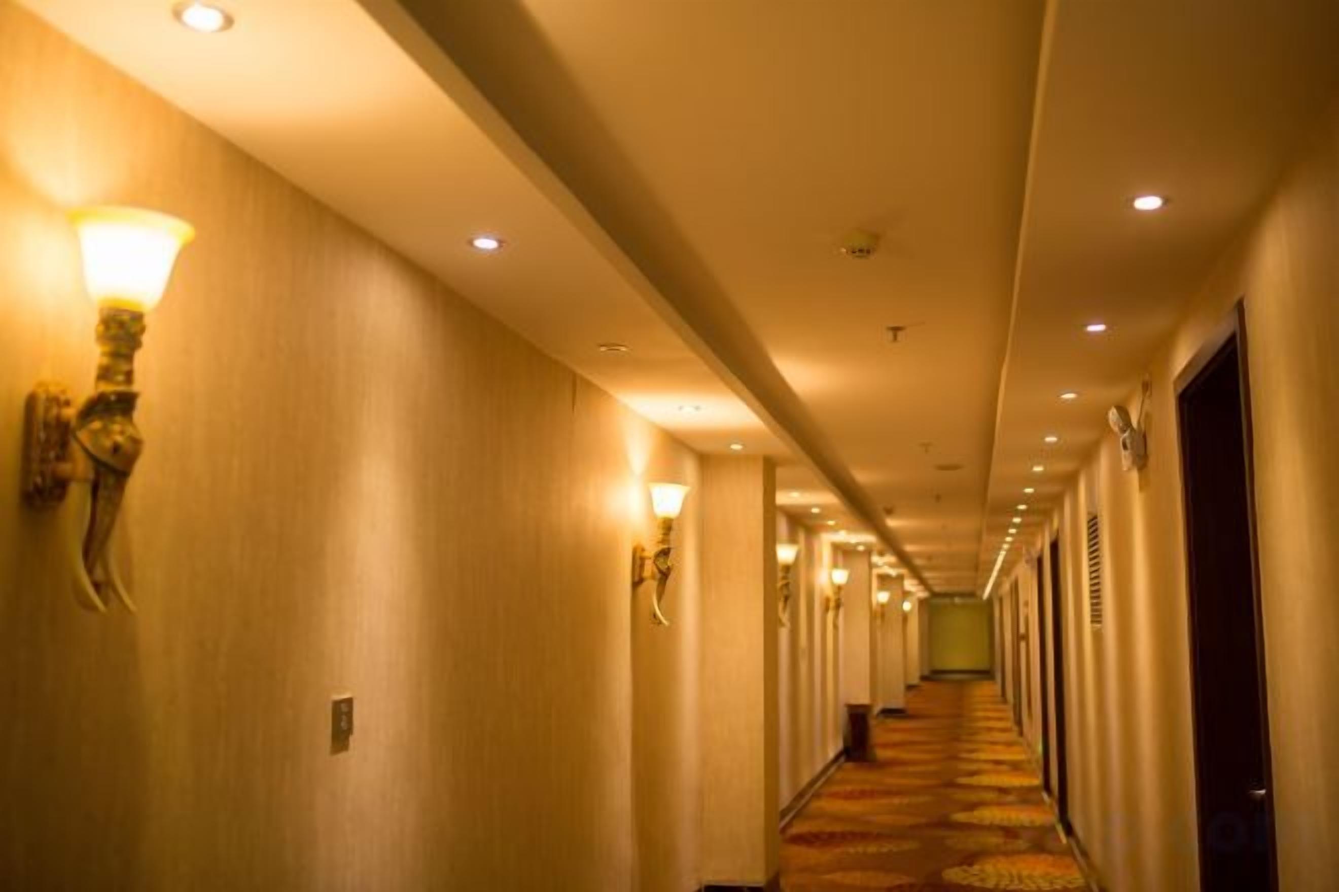 A hotel hallway with wall sconces, carpeted flooring, and doors on both sides.