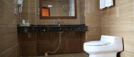 A bathroom with a toilet, a sink with a mirror, and a shower.