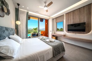 Une chambre d’hôtel moderne dotée d’un grand lit, d’un ventilateur de plafond, d’un téléviseur à écran plat et offrant une vue sur l’extérieur.