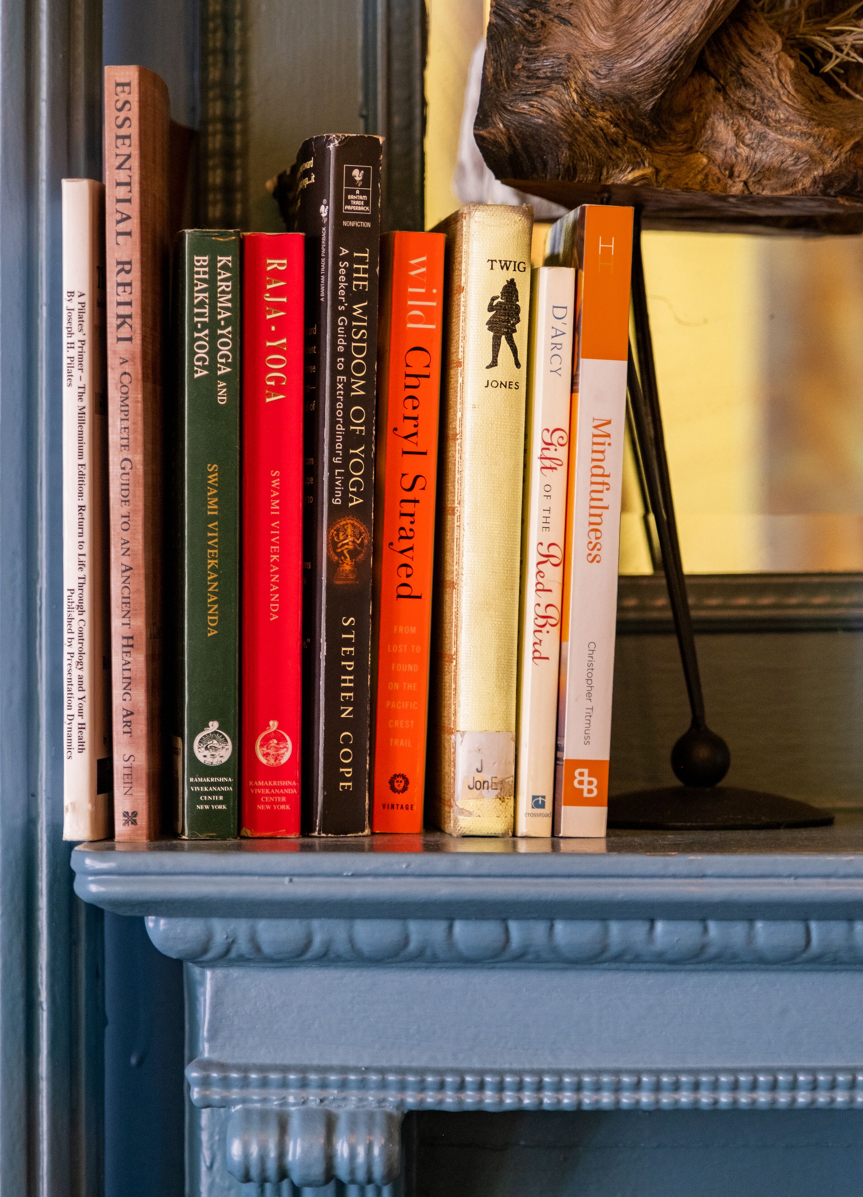 A bookshelf with a variety of books, including titles like 'Essential Reiki' and 'Mindfulness'.