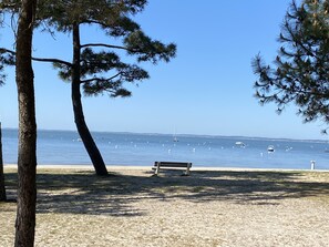 Une plage avec un banc et des arbres, donnant sur une mer calme où se trouvent plusieurs bateaux.
