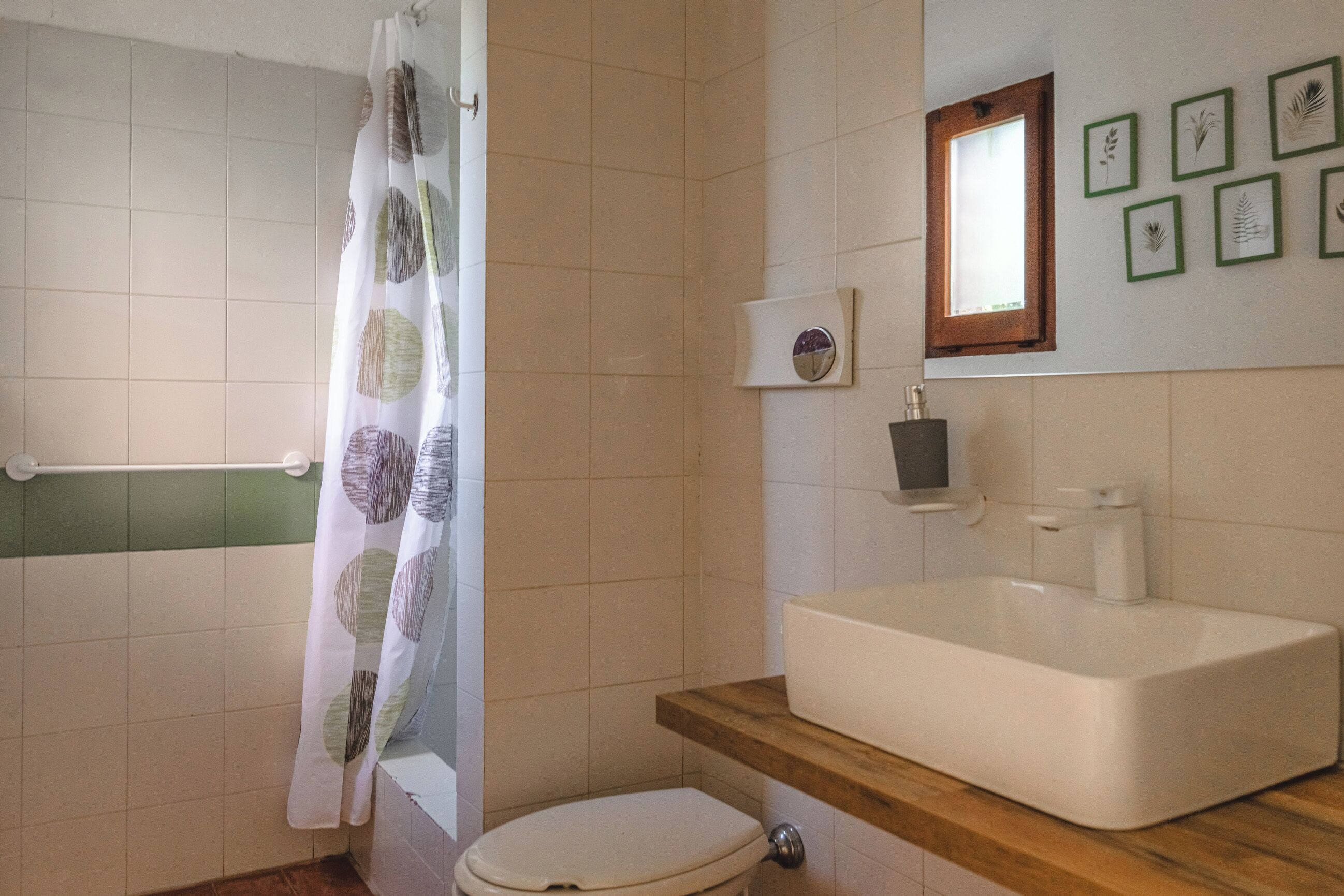 Et badeværelse med badeforhæng, toilet, håndvask og indrammede plantemotiver på væggen.