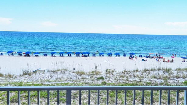 A beach with rows of blue umbrellas and lounge chairs, a sandy shore, and the ocean in the background.