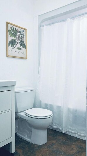Combined shower/bathtub, towels, soap, shampoo