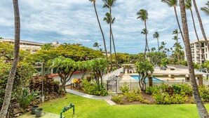 Ein Resort mit Palmen, einem Schwimmbad und einem gepflegten Garten.