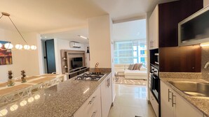 A modern kitchen with granite countertops, stainless steel appliances, and a central island. - Accommodation with views in Costa del Este 6 (Panama)
