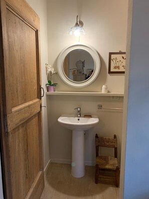 Shower, hair dryer, bidet, towels